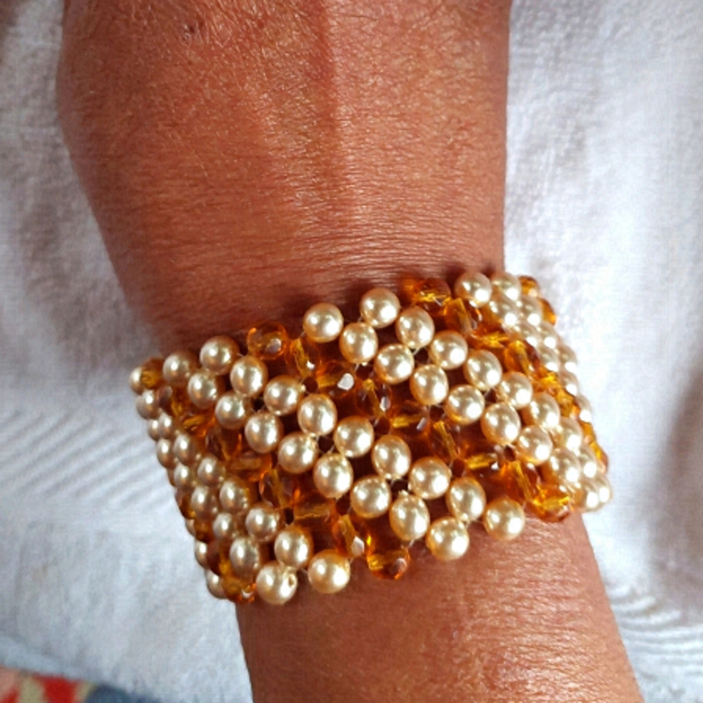 Vintage Faux Pearl & Amber Rhinestone Bracelet